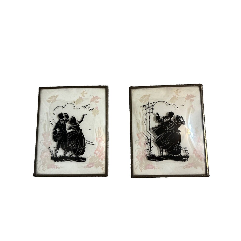Vintage 40's Pair Reverse Painted Silhouette Pictures Convex Couple Birds Brass
